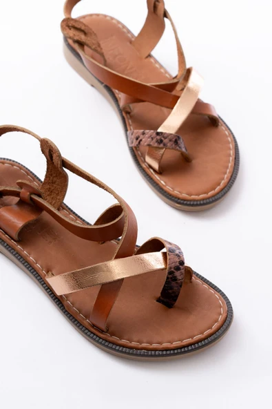 205-08 Taba Garni  Ortopedik Hakiki Deri Kadın Sandalet - 4