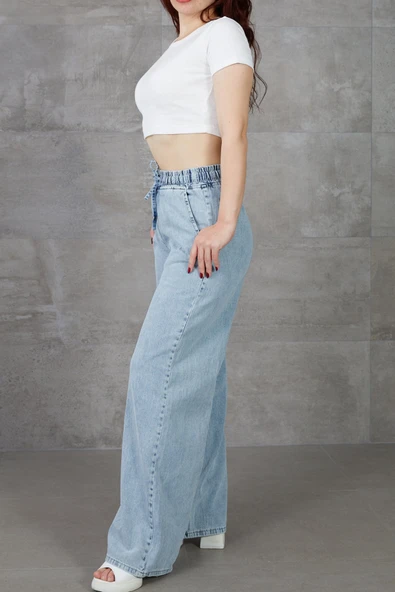 Kadın Beli Lastikli Rahat Kesim Kot Pantolon - 4