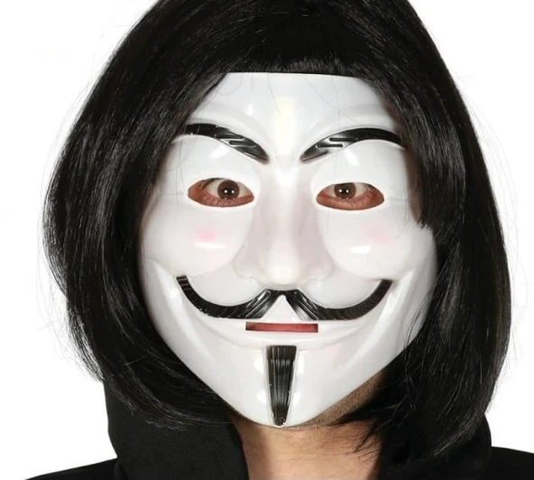 Siyah Renk Takma Kısa Saç ve V For Vendetta Maskesi Anonymous Maskesi ürün görseli 1
