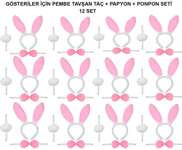 Pembe Tavşan Kostüm Seti – Taç, Papyon, Ponpon (12’li Paket) - 1