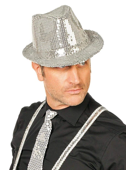 Disko Star Gümüş Payetli Fötr Şapka Yetişkin Boy - 2