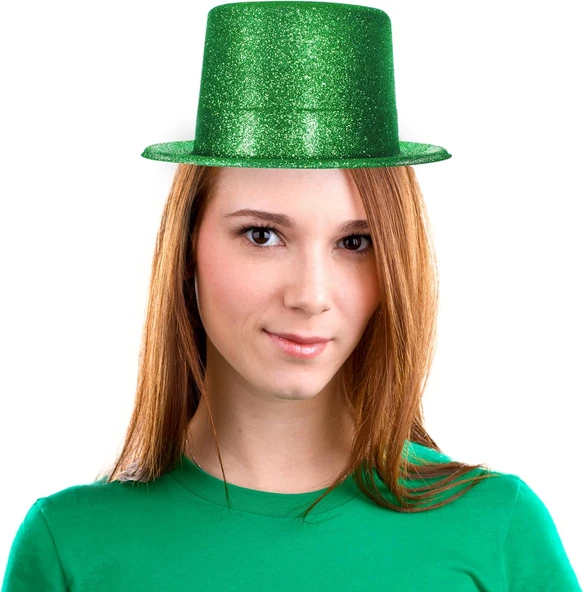 Yeşil Renk Parıltılı Simli Fötr Silindir Parti Şapkası - Resim 3