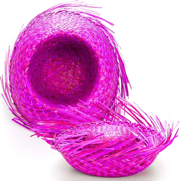Tropikal Parti Pembe Fuşya Hasır Hawaii Şapkası 13x36 cm - 3