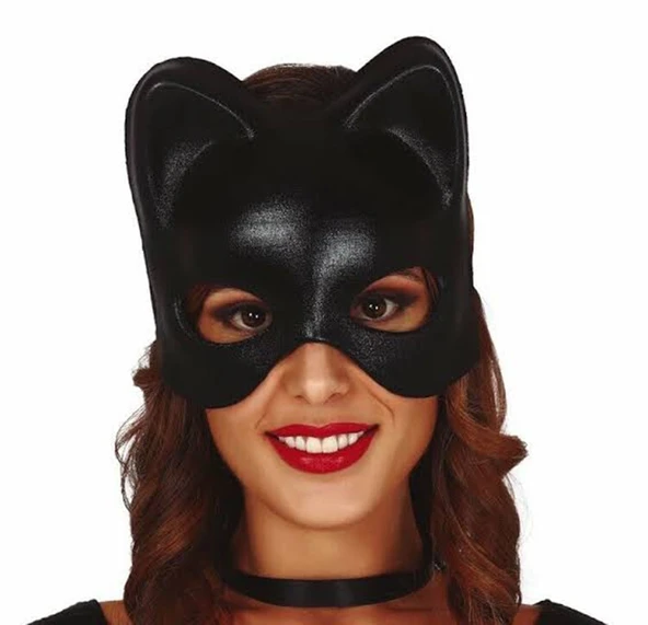Siyah Deri Görünümlü Kedi Maskesi – Cosplay & Maskeli B - Resim 3