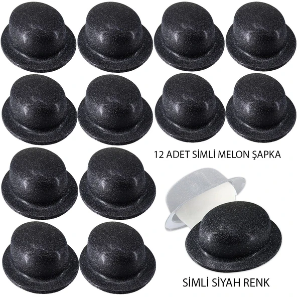Siyah Renk Simli Melon Yuvarlak Parti Şapkası 12 Adet - 1