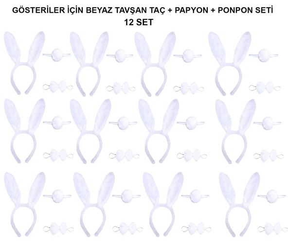 Beyaz Tavşan Kostüm Seti – Taç, Papyon, Kuyruk (12’li Paket) ürün görseli 1