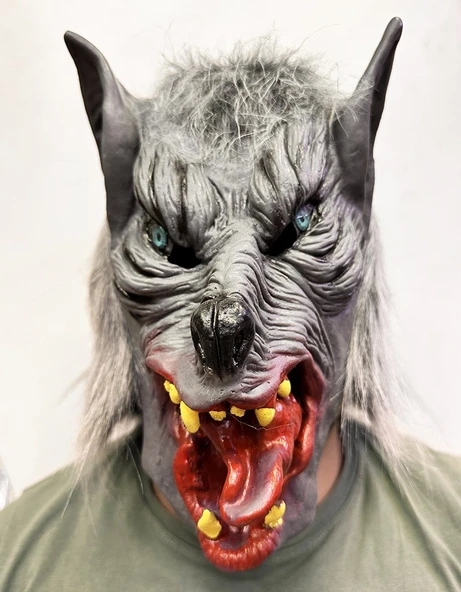 Kafaya Tam Geçmeli Lateks Dil Çıkaran Mavi Gözlü Kurt Maskesi - Resim 2