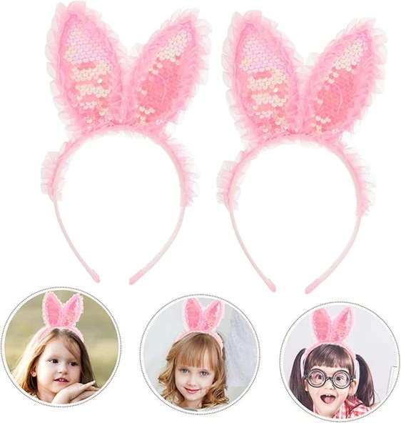 Kenarları Dantelli Pembe Pullu Payetli Led Işıklı Tavşan Kulak Taç 23x19 cm - Resim 5