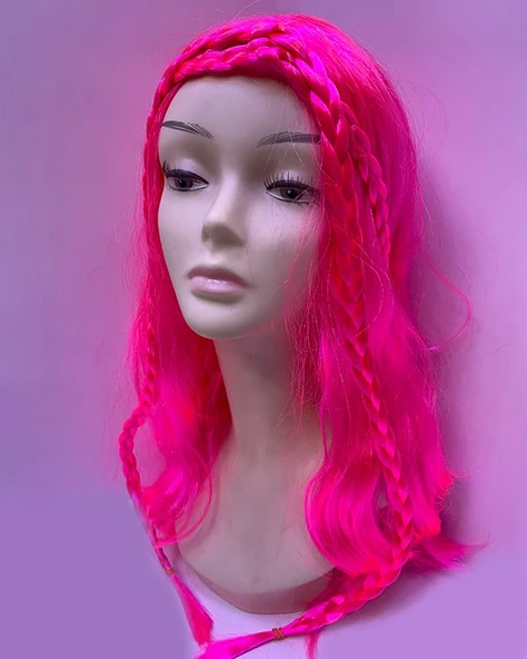 Neon Pembe Renk Örgülü Helen Karakter Peruğu Takma Saç ürün görseli 1