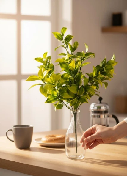Yapay Çiçek Sarı Yeşil Limon Yaprağı Demet Şimşir Demeti Garnitür Aradal Dekoratif Yapay Bitki - Resim 4