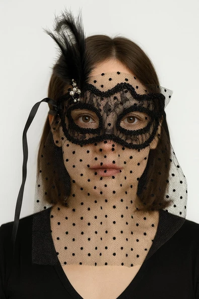 Siyah Renk Siyah Puantiyeli Duvaklı İncili Parti Maskesi ürün görseli 1
