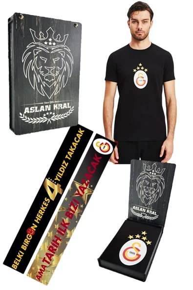 Galatasaray Orijinal Lisanslı 5 Yıldızlı Arma Siyah T-shirt Lazer Ahşap Kutulu ürün görseli 1