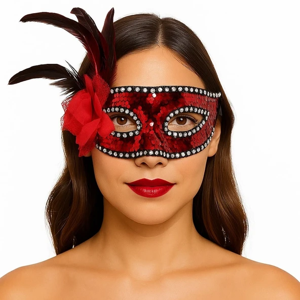 Kırmızı Renk Yandan Tüylü Güllü Gümüş Taşlı Pullu Maske 20x22 cm ürün görseli 1