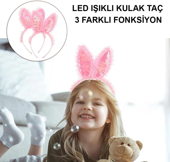 Kenarları Dantelli Pembe Pullu Payetli Led Işıklı Tavşan Kulak Taç 23x19 cm - Resim 3