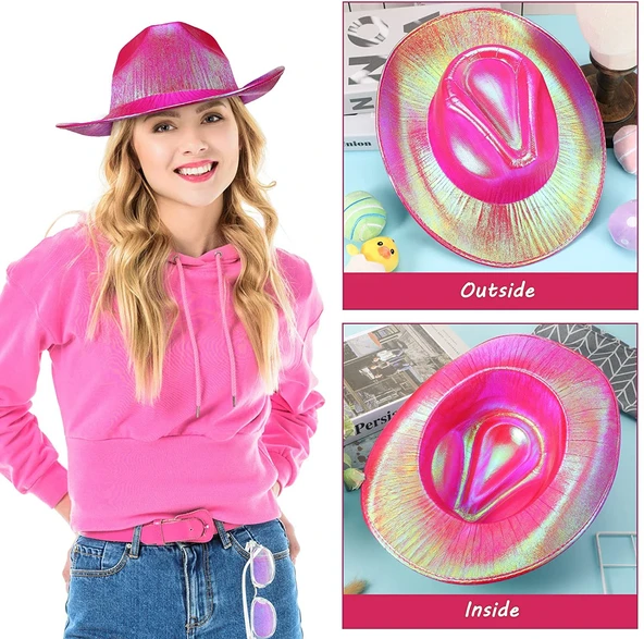 Neon Hologramlı Kovboy Model Parti Şapkası Fuşya Yetişkin 39X36X14 cm - 4