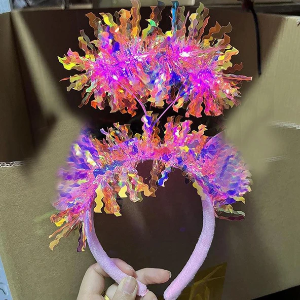 Pembe Renk Pembe Işıltılı Püsküllü Led Işıklı Parlak Hologramlı Taç 25x12 cm - Resim 2