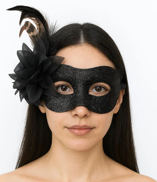 Siyah Renk Metalize Sim Görünümlü Parlak Tüylü Parti Maskesi 22x19 cm ürün görseli 1
