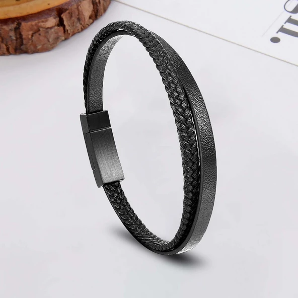 Siyah Deri Ve Saç Örgü İkili Çoklu Çelik Bileklik 31833B12D1 - Resim 2