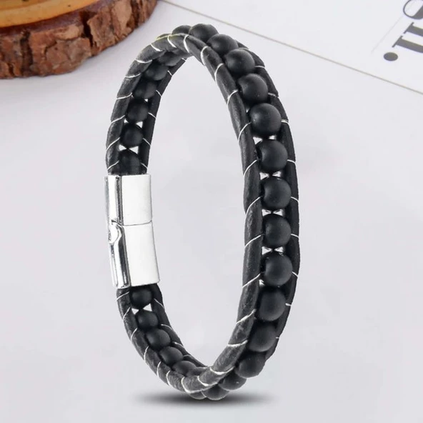 6Mm Mat Oniks Taşlı Deri Kordon Ve Çelik Bileklik 31832B2D6M1 - Resim 2