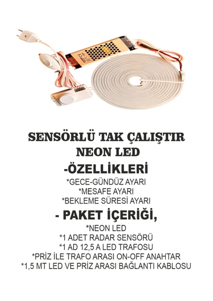 NEON LED MUTFAK DOLABI 360 DERECE HAREKET ALGILAMA SENSÖRLÜ GECE-GÜNDÜZ AYARLI NEON LED 1 MT  BEYAZ - 2