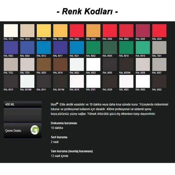 Best Elite Akrilik Hızlı Kuruyan Profesyonel Sprey Boya 400ml Yeşil 6002 - Resim 2