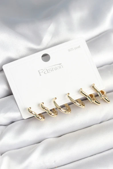 Pirinç Gold Renk Kalp Yıldız ve Halka Model 925 Ayar Gümüş Çivili Kadın Küpe Seti - EBJ251010W38088 ürün görseli