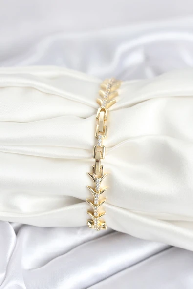 Pirinç Gold Renk Balık Sırtı Model Zirkon Taşlı Kadın Bileklik - EBJ251010W38199 - Resim 2