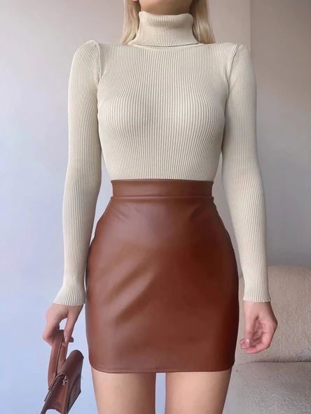 BİÇOMİ Düz deri etek taba h24468 - Resim 4