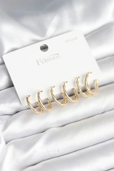 Pirinç Gold Renk Kemik Halka Model 925 Ayar Gümüş Çivili Kadın Küpe Seti - EBJ251010W38087 ürün görseli