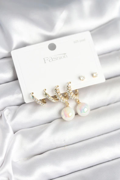 Pirinç Gold Renk İncili 925 Ayar Gümüş Çivi Kadın Küpe Seti - EBJ251010W38076 ürün görseli