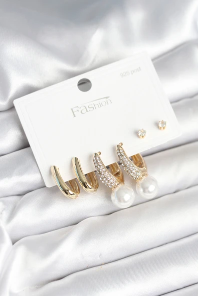 Pirinç Gold Renk Zirkon Taşlı İnci Detaylı 925 Ayar Gümüş Çivili Kadın Küpe Seti - EBJ251010W38078 ürün görseli