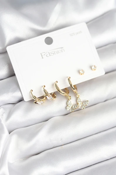 Gold Renk Pirinç Kelebek Model 925 Ayar Gümüş Çivili Kadın Küpe Seti - EBJ251010W38099 ürün görseli