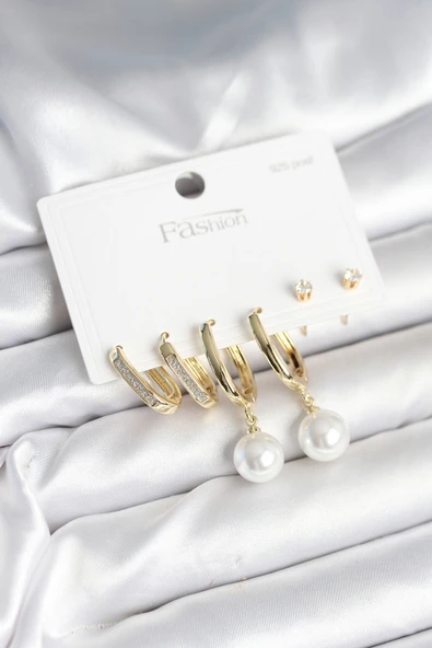 Pirinç Gold Renk İnci Detaylı 925 Ayar Gümüş Çivili Kadın Küpe Seti - EBJ251010W38085 ürün görseli