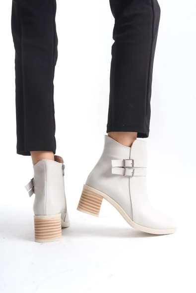 NOEMI Tokalı Fermuarlı Ortopedik Taban Topuklu Kadın Bot  CKT - Krem - Resim 3