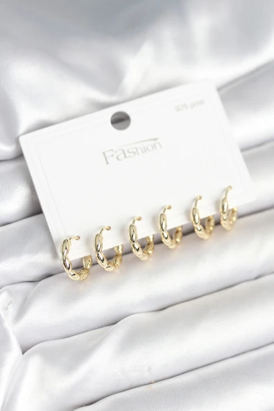 Pirinç Gold Renk Baklalı Halka 925 Gümüş Çivi Kadın Küpe Seti - EBJ251010W38081 ürün görseli