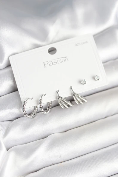 Pirinç Gümüş Renk Zirkon Taşlı 925 Gümüş Çivili Kadın Küpe Seti - EBJ251010W38080 ürün görseli