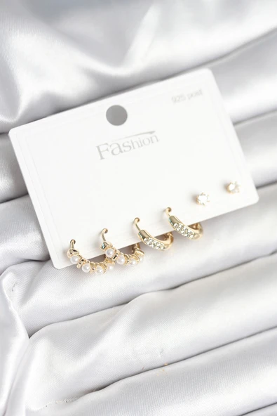 Pirinç Gold Renk Zirkon Taşlı ve İncili Model 925 Ayar Gümüş Çivi Kadın Küpe Seti - EBJ251010W38103 ürün görseli