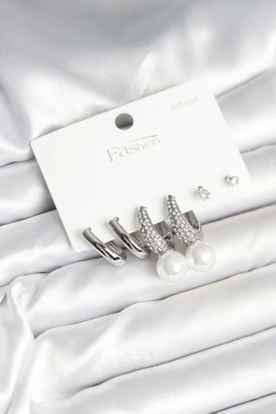 Pirinç Gümüş Renk İncili 925 Ayar Gümüş Çivi Kadın Küpe Seti - EBJ251010W38077 ürün görseli