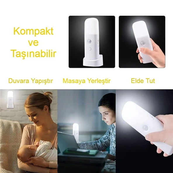 Hareket Sensörlü Şarjlı LED Gece Lambası 2000 mAh 120 derece 5 Kademe SOS Modu