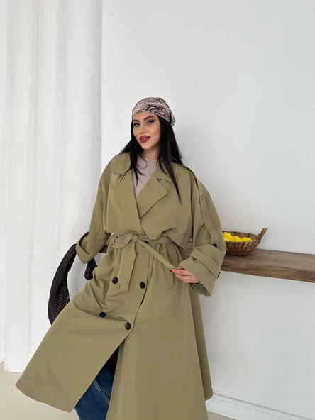 Kadın Haki Uzun Trençkot Cepli Kuşaklı Rüzgar Kapaklı Yeni Sezon Dış Giyim - Resim 4