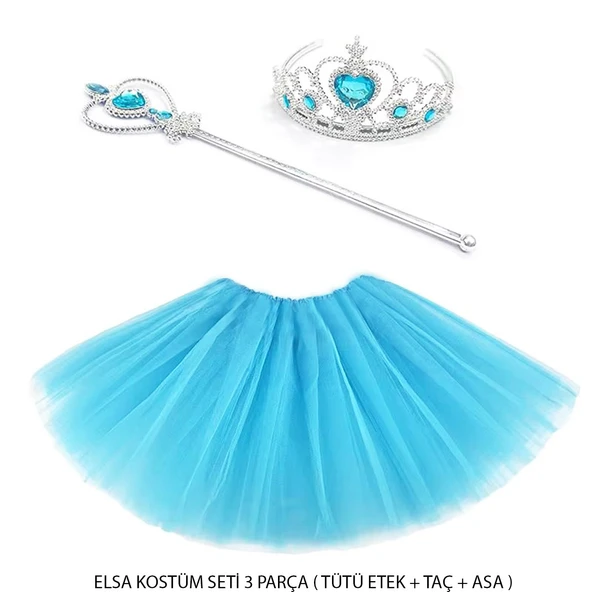 Mavi Prenses Elsa Kostüm Seti 3 Parça (Tütü Etek + Taç + Asa ) - 1