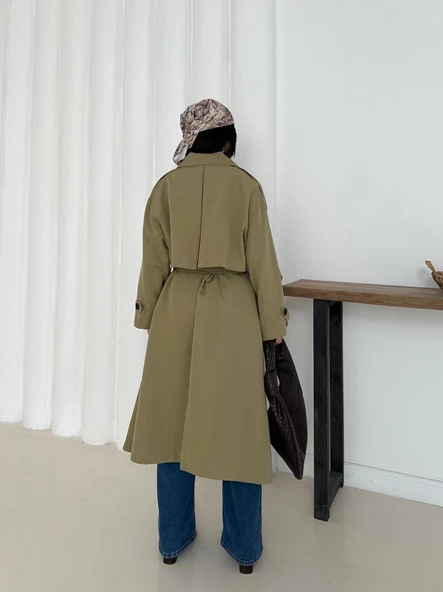 Kadın Haki Uzun Trençkot Cepli Kuşaklı Rüzgar Kapaklı Yeni Sezon Dış Giyim - Resim 5
