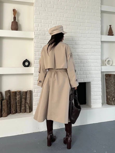 Kadın Krem Uzun Trençkot Cepli Kuşaklı Rüzgar Kapaklı Yeni Sezon Dış Giyim - Resim 3