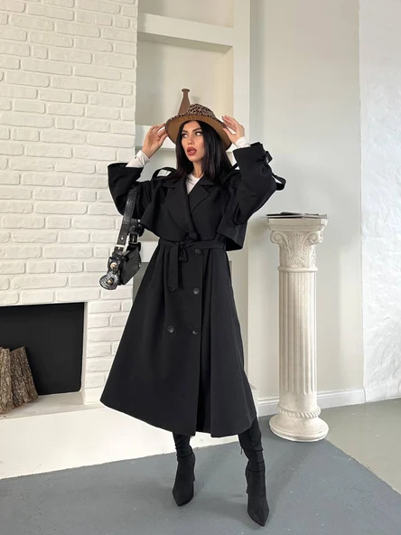 Kadın Siyah Uzun Trençkot Cepli Kuşaklı Rüzgar Kapaklı Yeni Sezon Dış Giyim - Resim 3