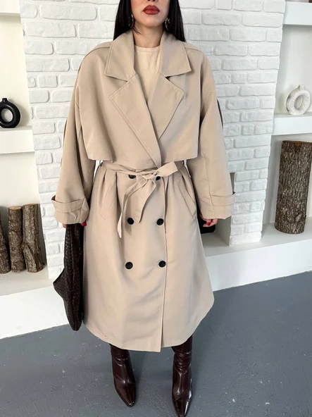 Kadın Krem Uzun Trençkot Cepli Kuşaklı Rüzgar Kapaklı Yeni Sezon Dış Giyim - Resim 4