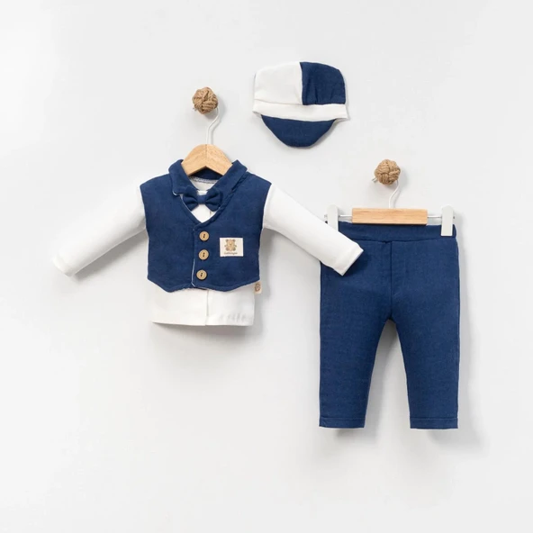 6-9-12-18 Ay Yelek Detaylı Kasketli Uzun Kollu Mevsimlik 3 Lü Erkek Takımı ürün görseli