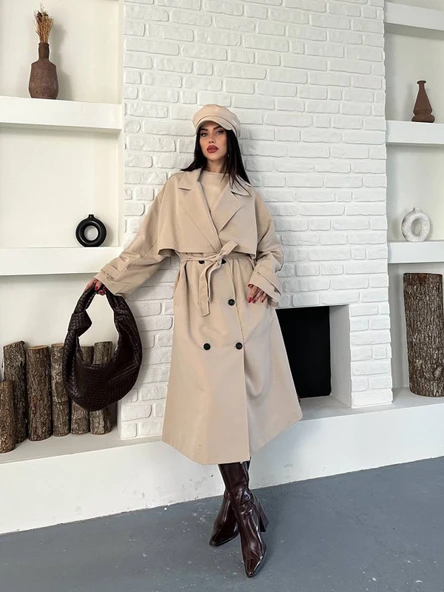 Kadın Krem Uzun Trençkot Cepli Kuşaklı Rüzgar Kapaklı Yeni Sezon Dış Giyim - Resim 7