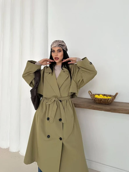Kadın Haki Uzun Trençkot Cepli Kuşaklı Rüzgar Kapaklı Yeni Sezon Dış Giyim - Resim 2