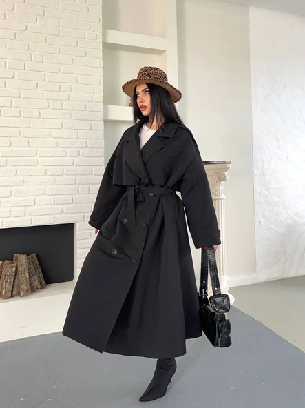 Kadın Siyah Uzun Trençkot Cepli Kuşaklı Rüzgar Kapaklı Yeni Sezon Dış Giyim - Resim 2