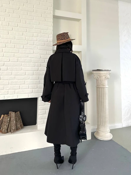 Kadın Siyah Uzun Trençkot Cepli Kuşaklı Rüzgar Kapaklı Yeni Sezon Dış Giyim - Resim 6